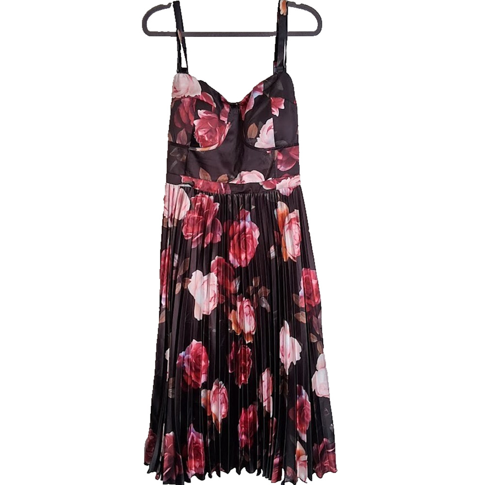 City Chic Floral Pleated Midi Dress Size L / 20 Black Pink Rose Sleeveless Lined